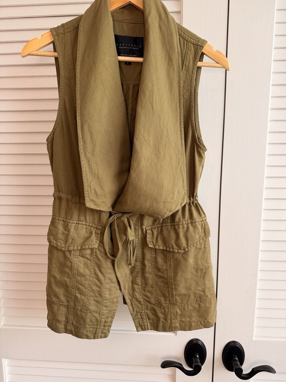 Sanctuary Olive Utility Vest Jacket Linen Cotton Sleeveless Tie Waist Pockets S